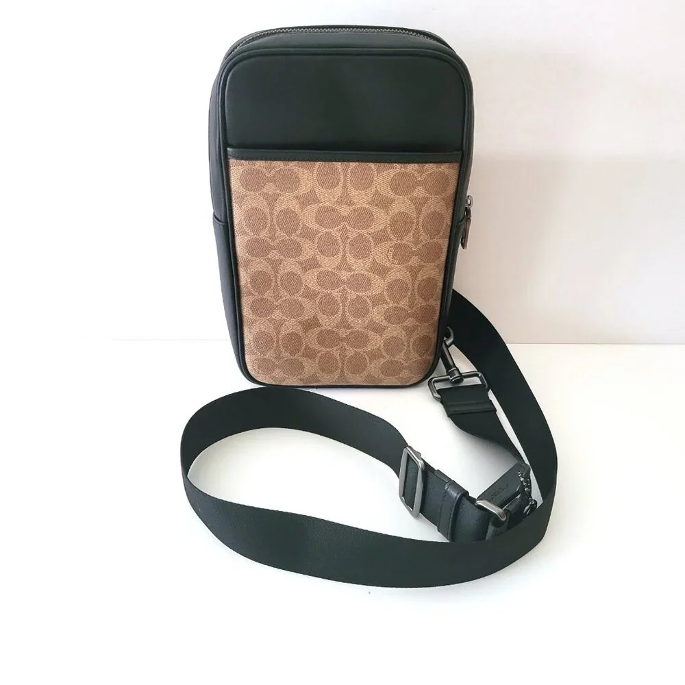 Coach CCQ51 Turner Pack Signature Leather Sling Bag Messenger Tan Black